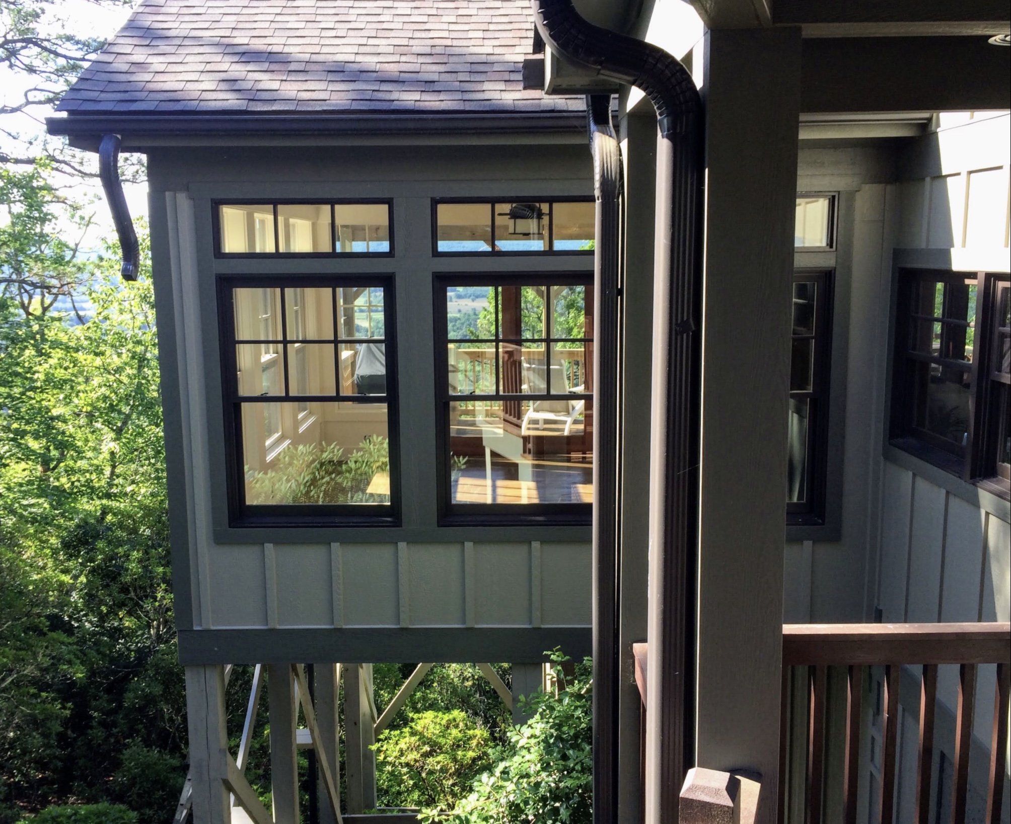 Sunroom window detail with mountain backdrop — Big Moose Construction WNC