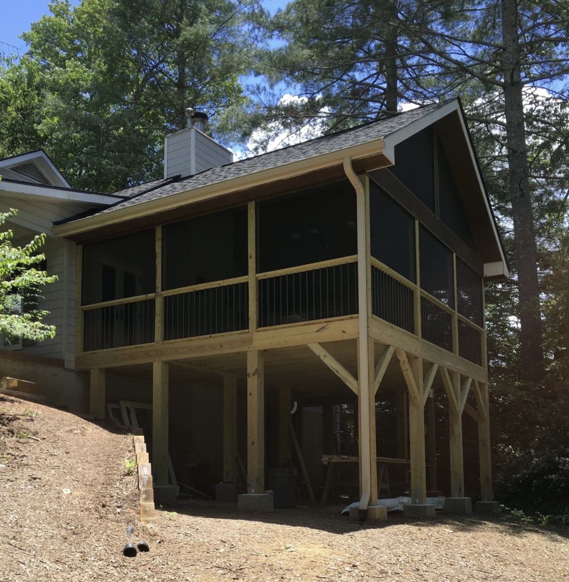 Screened porch with gable enclosure and timber-bent frame — Brevard NC